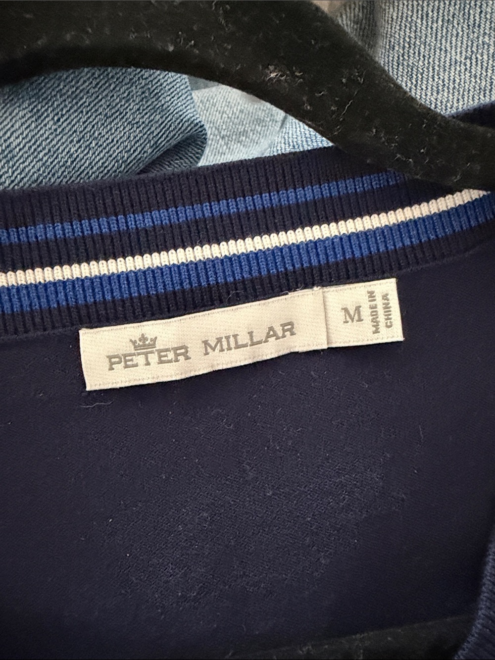 Peter Millar Navy V-Neck Sweater with Blue and White Stripe Trim - Picture 3 of 5